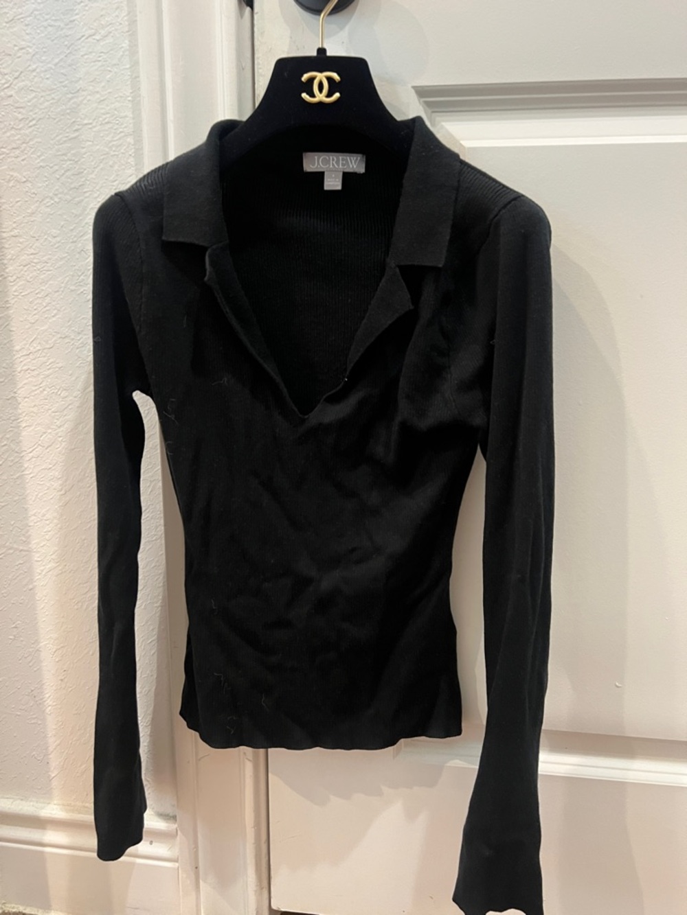 J. Crew Black Long-Sleeve Ribbed Polo V-Neck Top